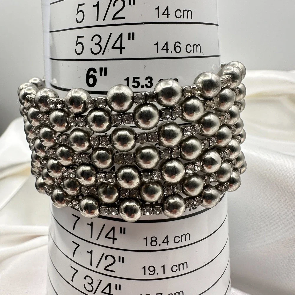 Vintage 90s Silver Tone Multi Row Bead Clear Glass Wide Cuff Statement Bracelet